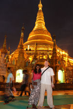 Gard and Nikki at Shwedagon Pagoda in Yangon at night