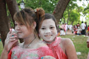 Young girls celebrating New Year at Wat Phnom