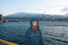 Nikki a bit cold as we are walking around Tromsø
