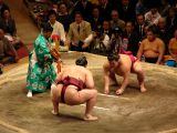 Sumo wrestlers getting ready